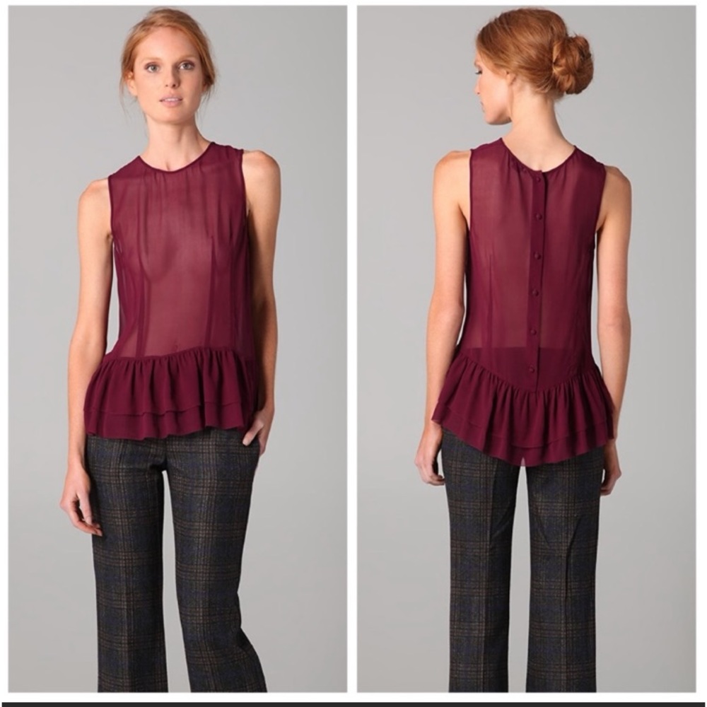 THEORY - Silk Sheer Button Back Peplum Blouse. Size S